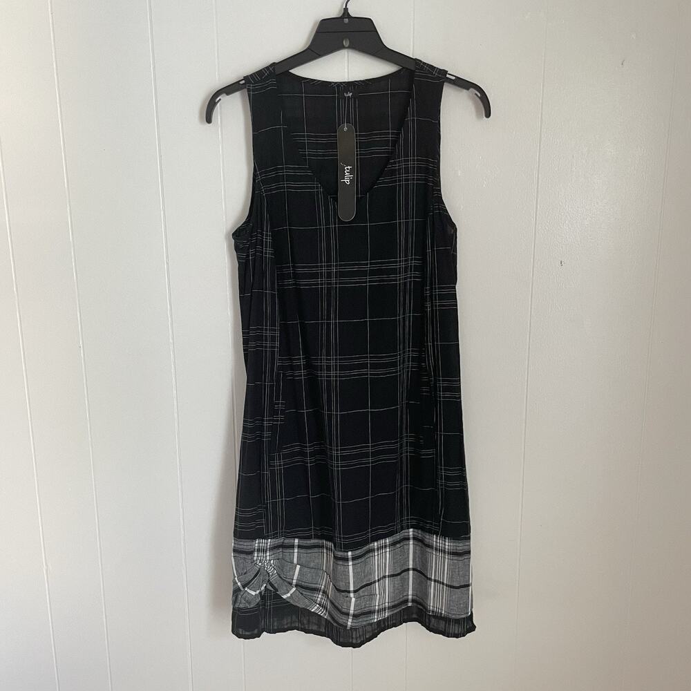 Tulip Clothing Black Plaid Sleeveless Dress M NWT Cotton Crinkle Hem Lagenlook